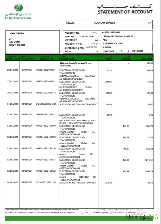 Relevé bancaire islamique des EAU Duabi 3 – 6 mois Exemple Word et PDF